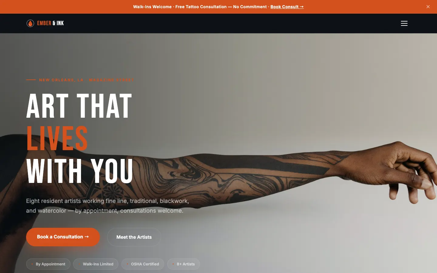 Ember & Ink Tattoo Studio website